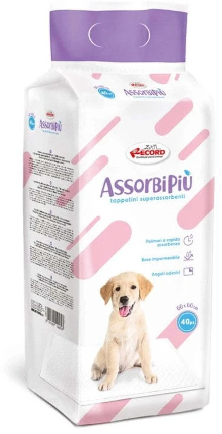 Record AssorbiPiu Puppy Pads 60x60cm – sugeruojantys treniruočių kilimėliai su tvirtinimo lopais, 11 vnt.