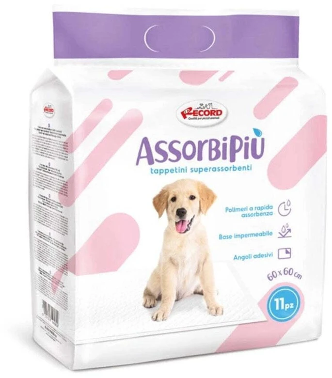 Record AssorbiPiu Puppy Pads 60x60cm – sugeruojantys treniruočių kilimėliai su tvirtinimo lopais, 11 vnt.
