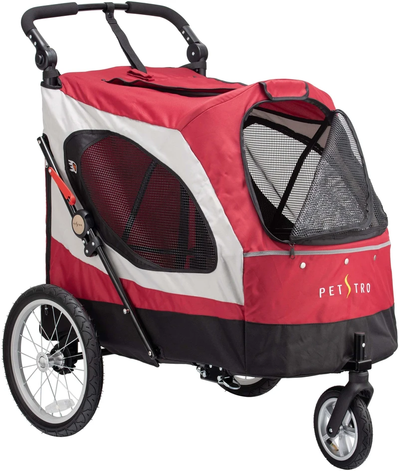 Show Tech Petstro Didelis 3 ratų vežimėlis – tvirtas raudonas ir pilkas vežimėlis, talpa iki 45kg