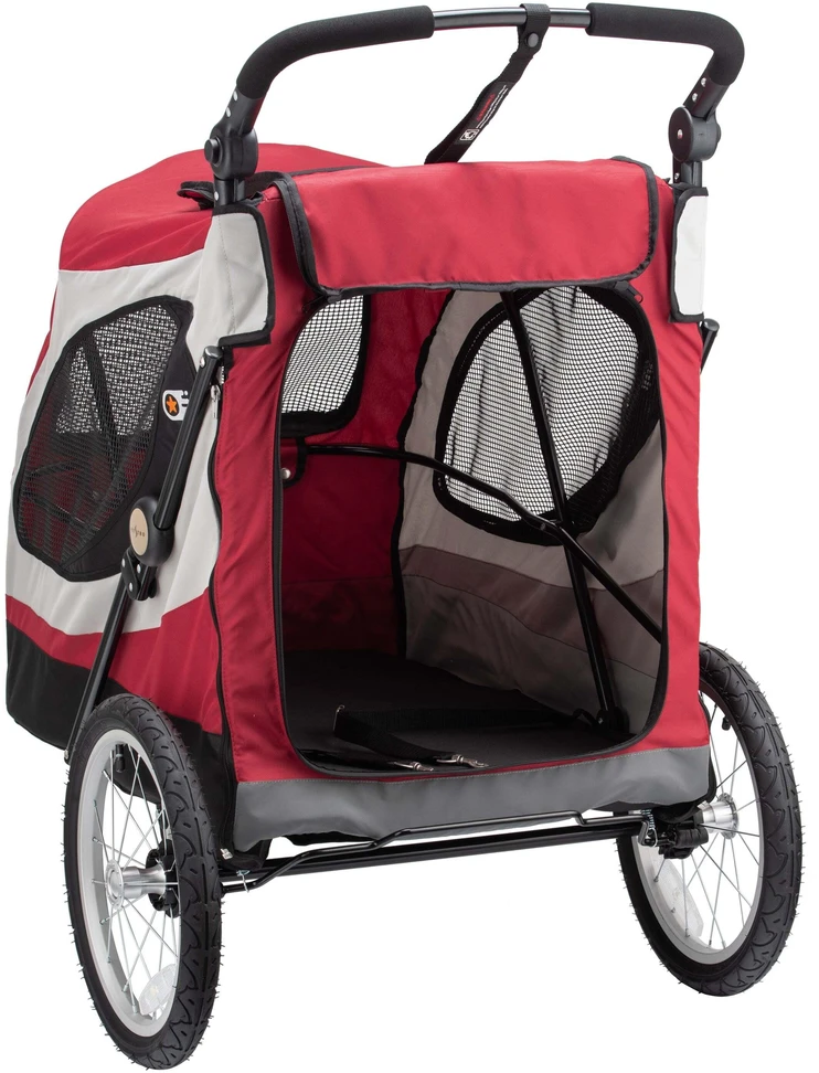 Show Tech Petstro Didelis 3 ratų vežimėlis – tvirtas raudonas ir pilkas vežimėlis, talpa iki 45kg