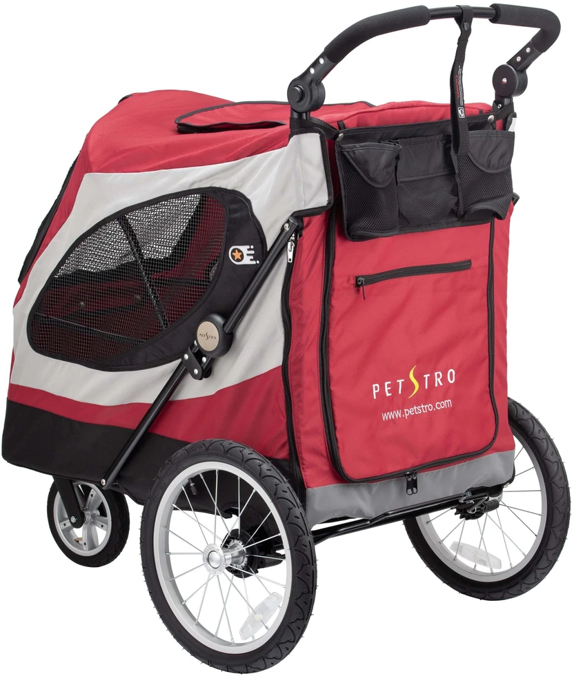 Show Tech Petstro Didelis 3 ratų vežimėlis – tvirtas raudonas ir pilkas vežimėlis, talpa iki 45kg