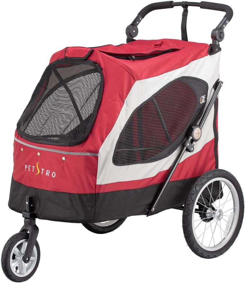 Show Tech Petstro Didelis 3 ratų vežimėlis – tvirtas raudonas ir pilkas vežimėlis, talpa iki 45kg