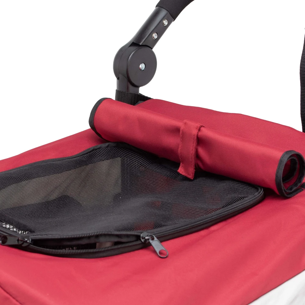 Show Tech Petstro Didelis 3 ratų vežimėlis – tvirtas raudonas ir pilkas vežimėlis, talpa iki 45kg