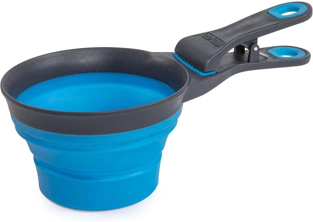 Sulenkamas „Dexas KlipScoop“ 3 viename, didelis 473 ml – sulankstomas maisto kaušelis su maišelio spaustuku, violetinis