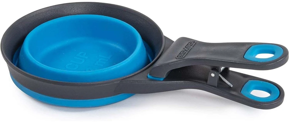 Sulenkamas „Dexas KlipScoop“ 3 viename, didelis 473 ml – sulankstomas maisto kaušelis su maišelio spaustuku, violetinis