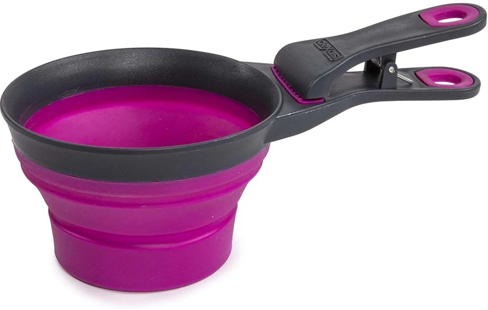 Sulenkamas „Dexas KlipScoop“ 3 viename, didelis 473 ml – sulankstomas maisto kaušelis su maišelio spaustuku, violetinis