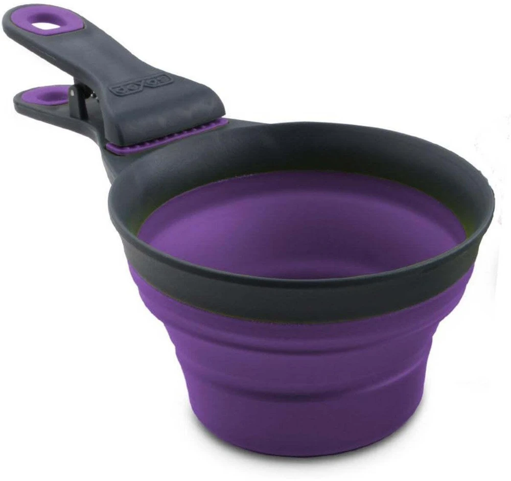 Sulenkamas „Dexas KlipScoop“ 3 viename, didelis 473 ml – sulankstomas maisto kaušelis su maišelio spaustuku, violetinis