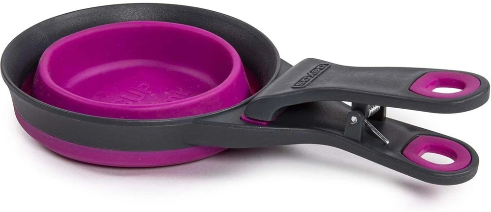 Sulenkamas „Dexas KlipScoop“ 3 viename, didelis 473 ml – sulankstomas maisto kaušelis su maišelio spaustuku, violetinis
