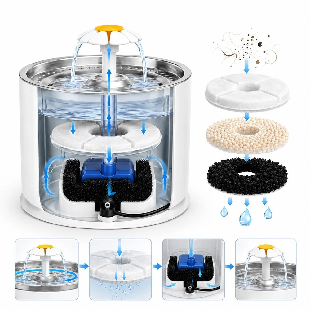 Automatinis vandens fontanas 2,4 l su LED apšvietimu ir USB maitinimu