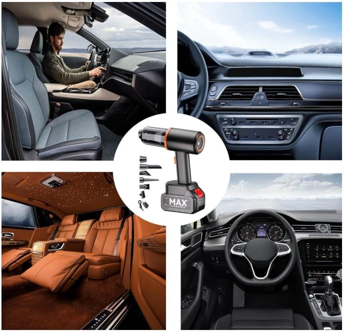 automobilio dulkių siurblys su skirtingais antgaliais