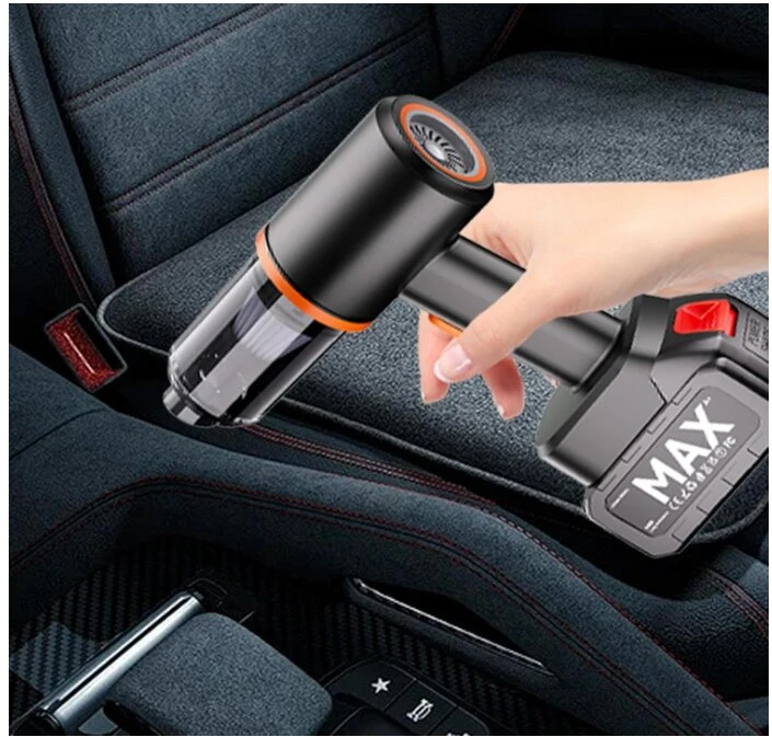 automobilio dulkių siurblys su skirtingais antgaliais