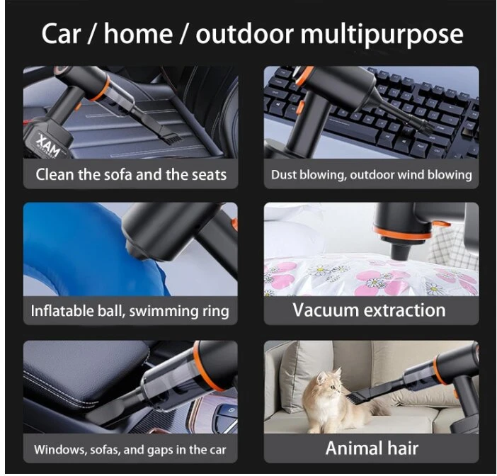automobilio dulkių siurblys su skirtingais antgaliais