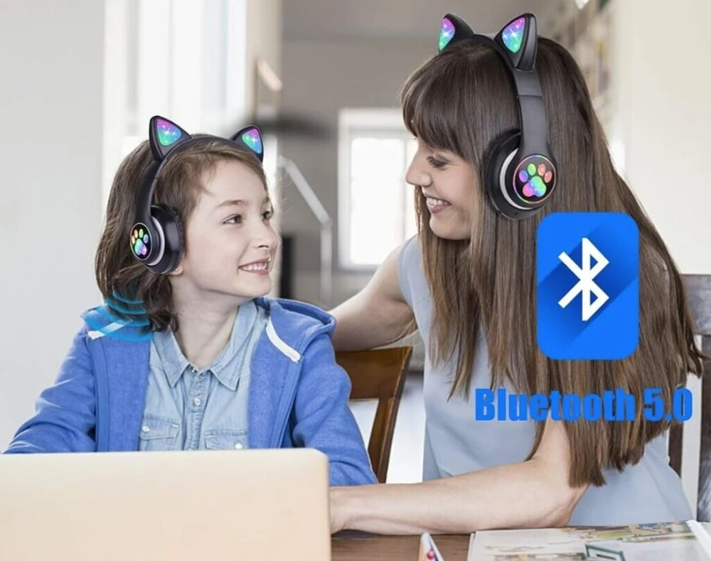 Belaidės ausinės katės ausys juodos spalvos su bluetooth, spalva: rožinė