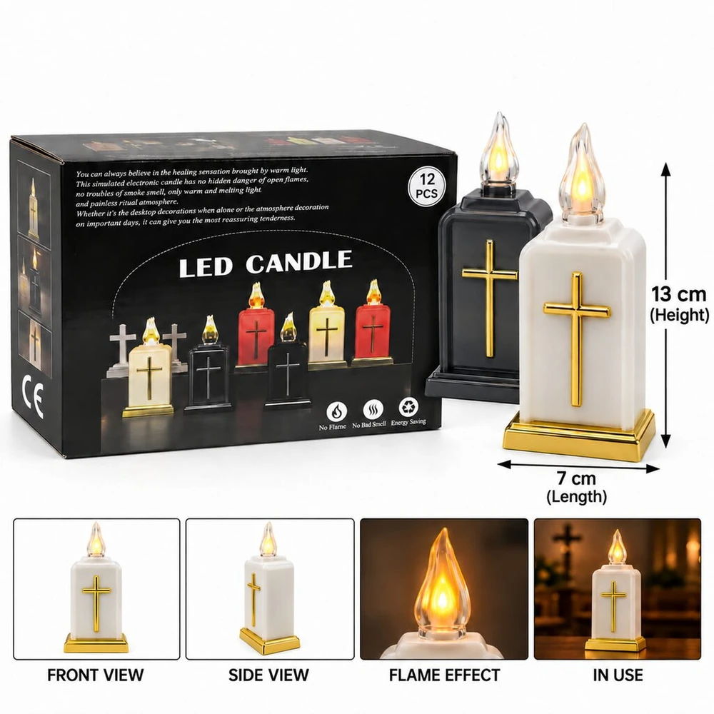 LED žvakė su kryžiumi, mišrios spalvos 10752, 13 cm