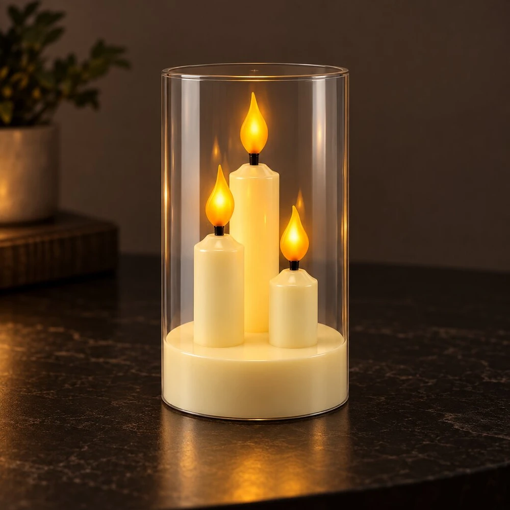 Trijų liepsnelių LED žvakė skaidriame cilindre 10750, 15 cm