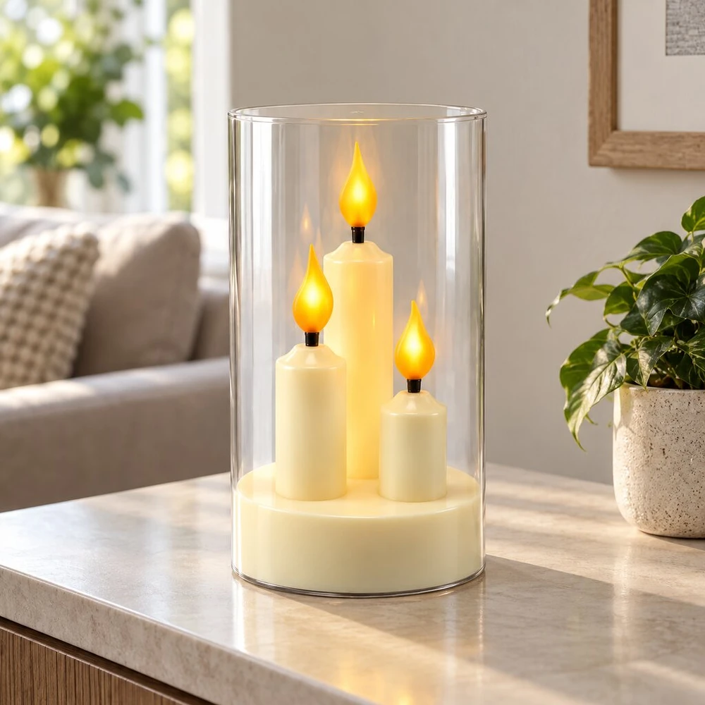 Trijų liepsnelių LED žvakė skaidriame cilindre 10750, 15 cm