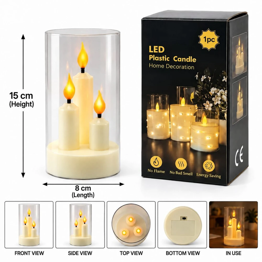 Trijų liepsnelių LED žvakė skaidriame cilindre 10750, 15 cm