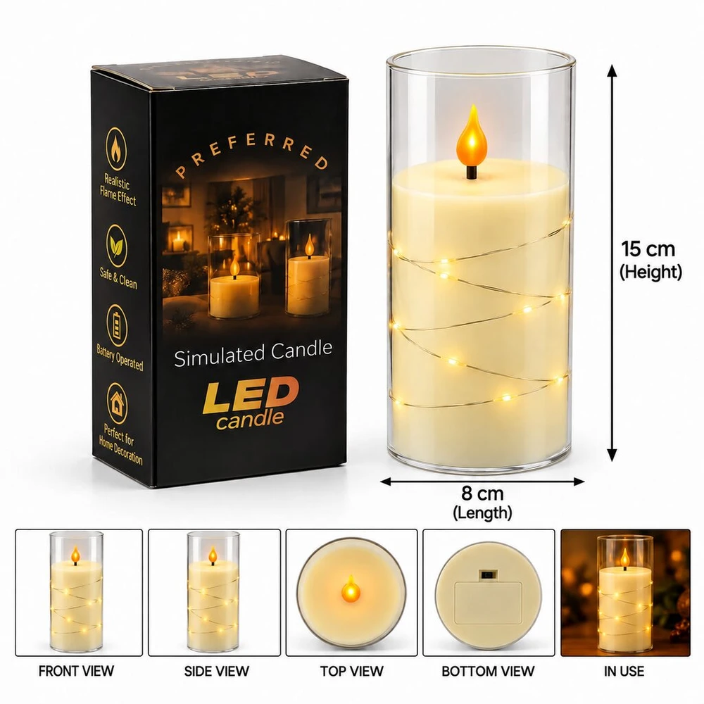 LED žvakė su dekoratyvine švieselių vielute 10755, 15 cm