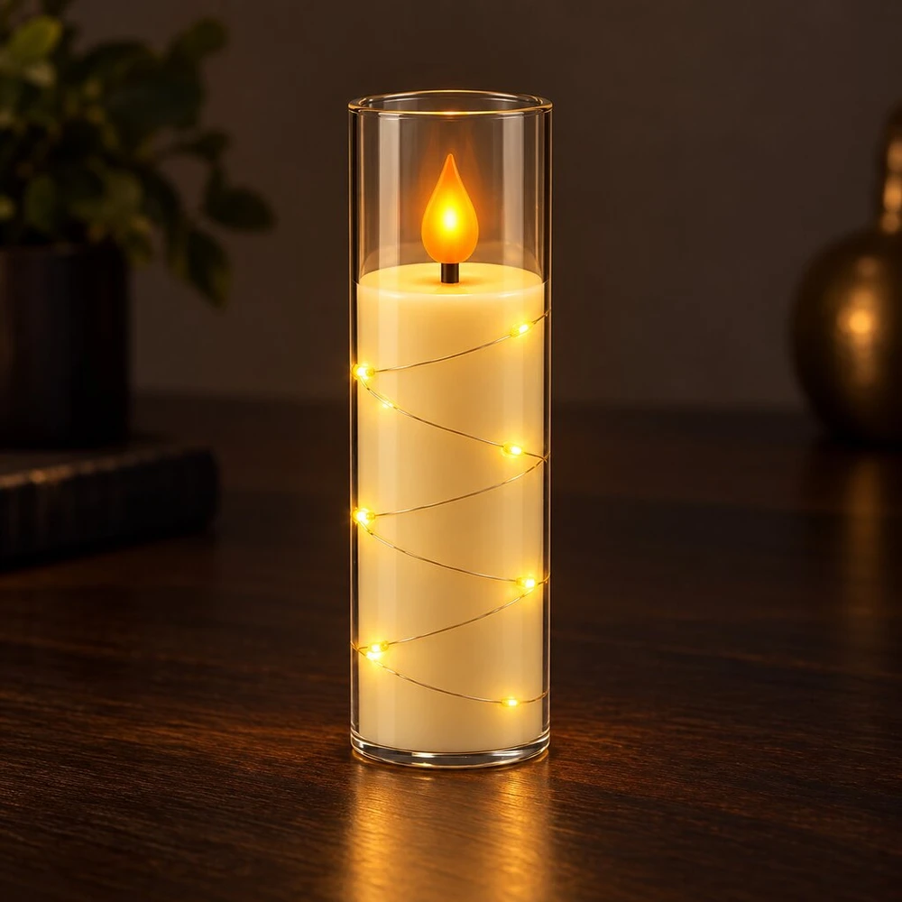 LED žvakė su dekoratyvine švieselių vielute 10758, 15 cm