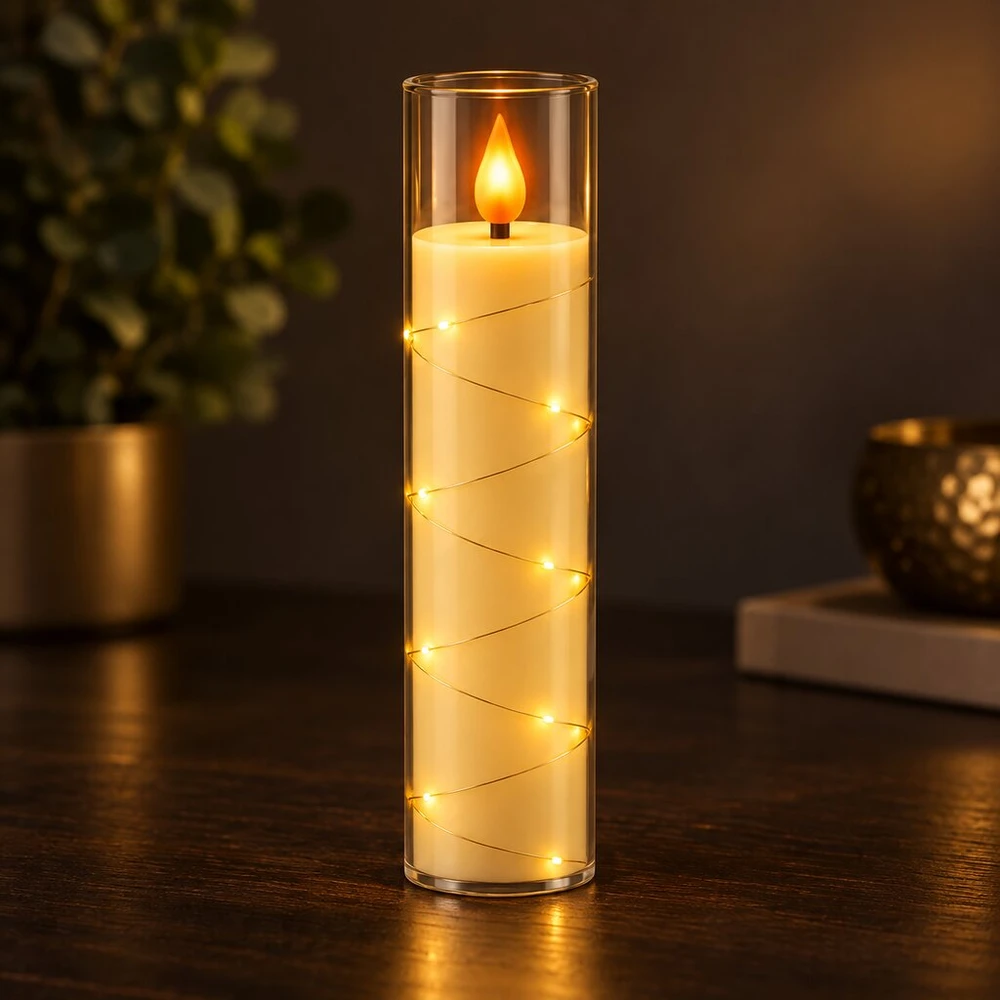 LED žvakė su dekoratyvine švieselių vielute 10759, 20 cm