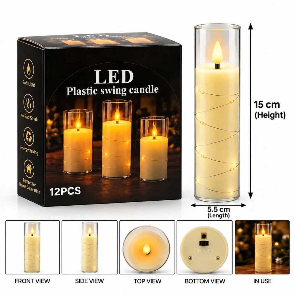 LED žvakė su dekoratyvine švieselių vielute 10175, 15 cm