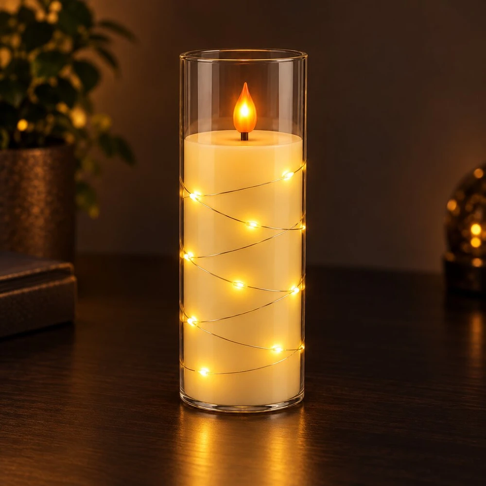 LED žvakė su dekoratyvine švieselių vielute 10756, 20 cm