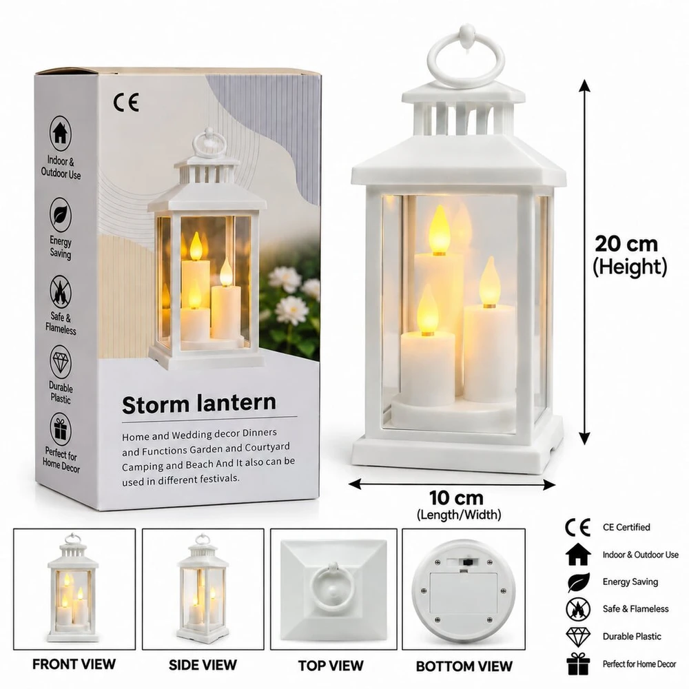 Baltas dekoratyvinis žibintas su trimis LED žvakėmis 10764, 20 cm