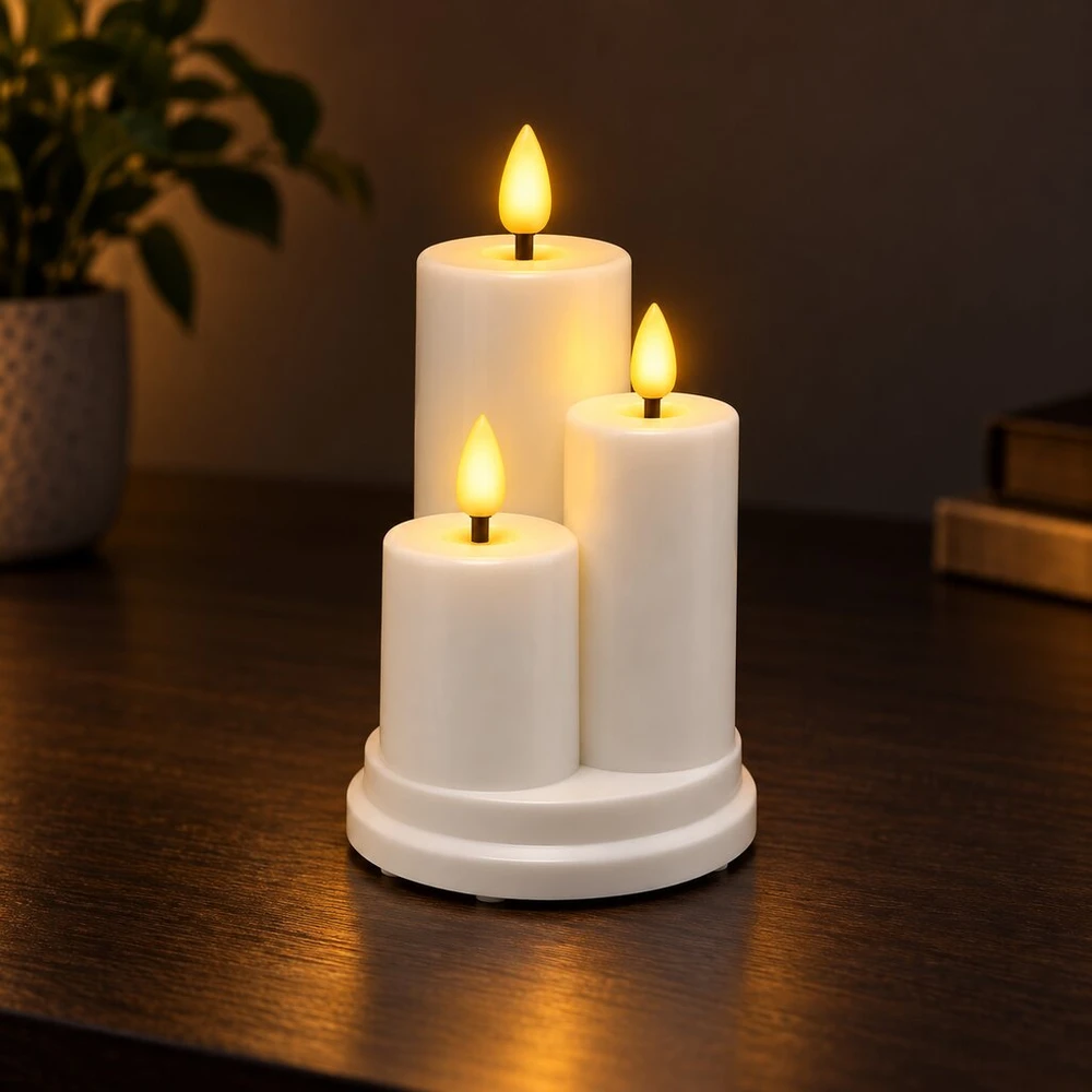 Balta trijų liepsnelių LED žvakė ant pagrindo 10763, 15 cm