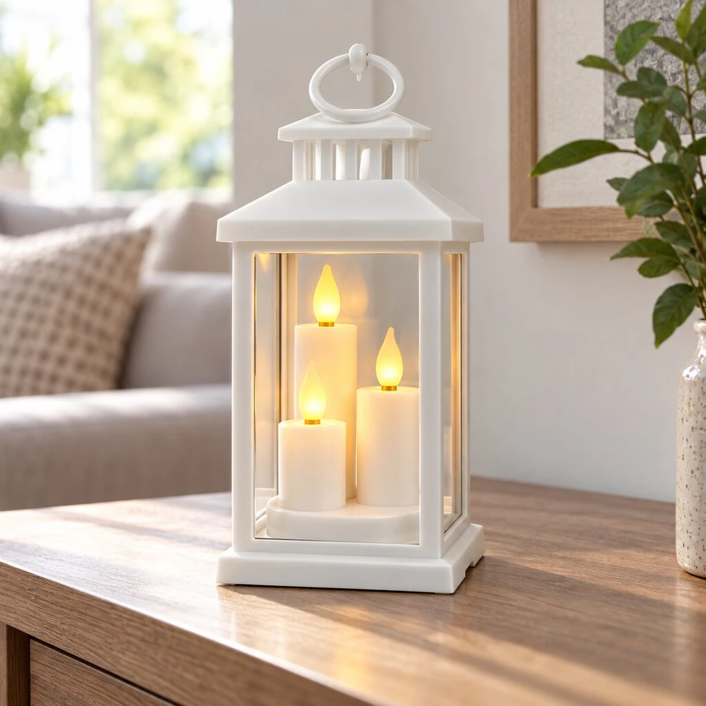 Baltas dekoratyvinis žibintas su trimis LED žvakėmis 10764, 20 cm