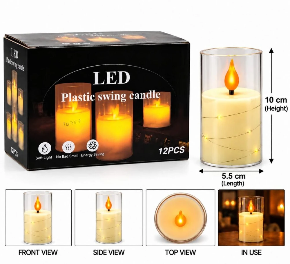 LED žvakė su dekoratyvine švieselių vielute 10757, 10 cm