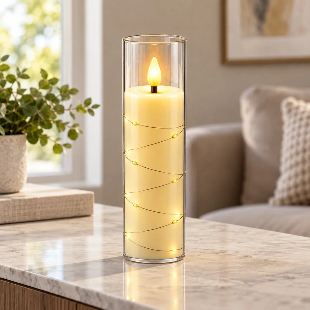 LED žvakė su dekoratyvine švieselių vielute 10175, 15 cm