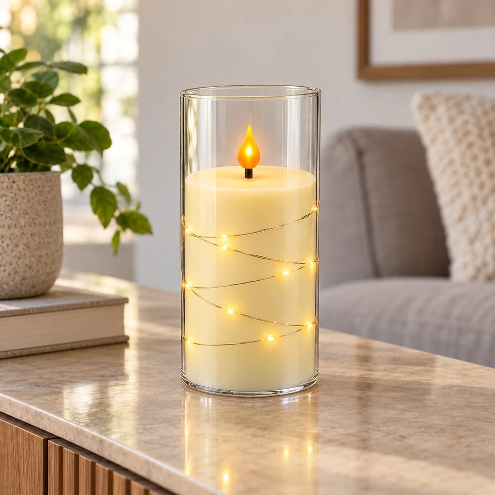 LED žvakė su dekoratyvine švieselių vielute 10755, 15 cm