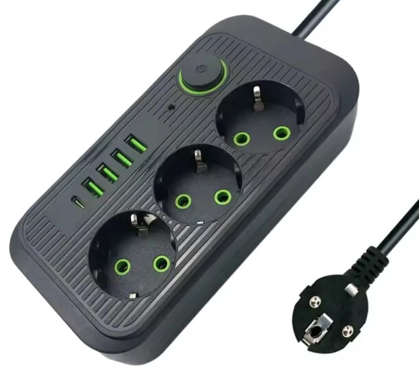 Prailgintuvas 3 kontaktų + 3USB+ 1 Type-C 2 m ES kištukinis maitinimo prailginimo laidas 2M su 3 AC lizdais ir 3 USB ir 1 Type C