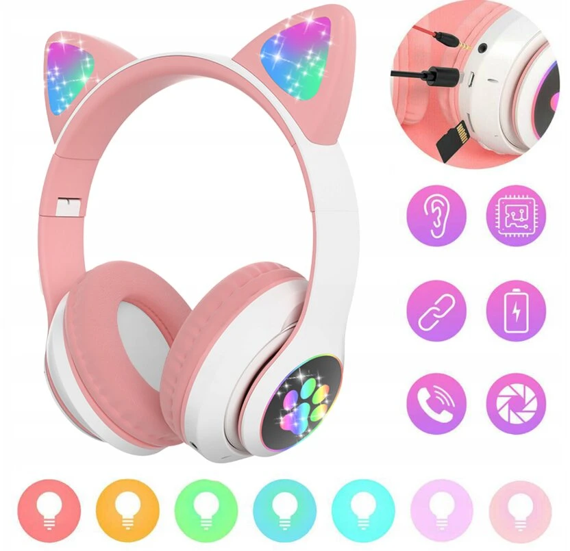 Bluetooth ausinės Cat ears LED, rožinės