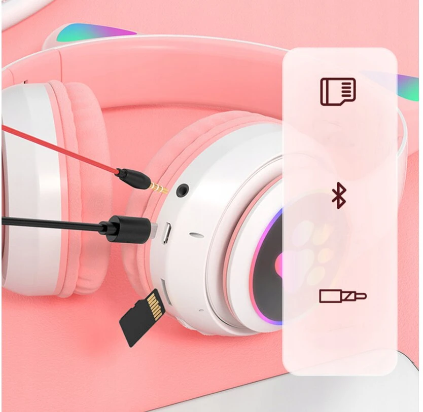 Bluetooth ausinės Cat ears LED, rožinės