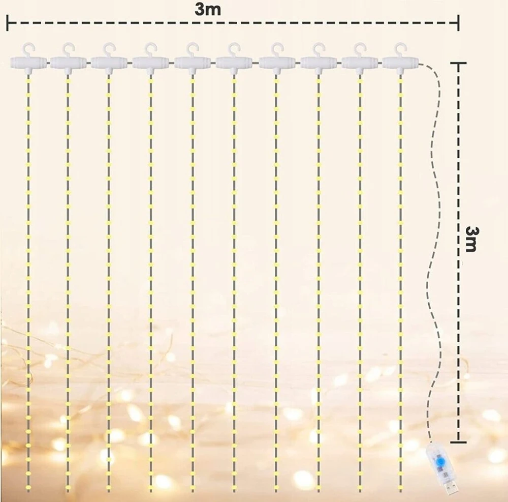 Girlianda, 300 LED, 3m, spalva: balta