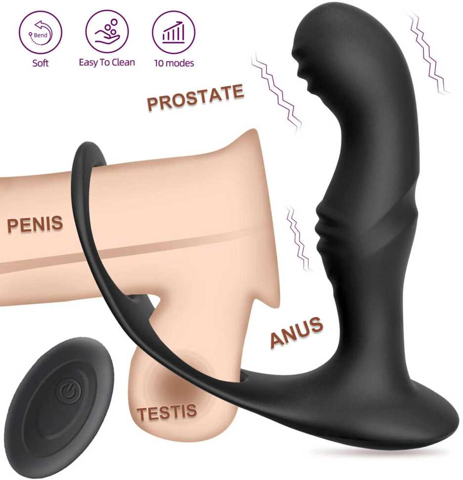 Išmanus prostatos masažuoklis su varpos žiedu ir 10 vibracijos režimų
