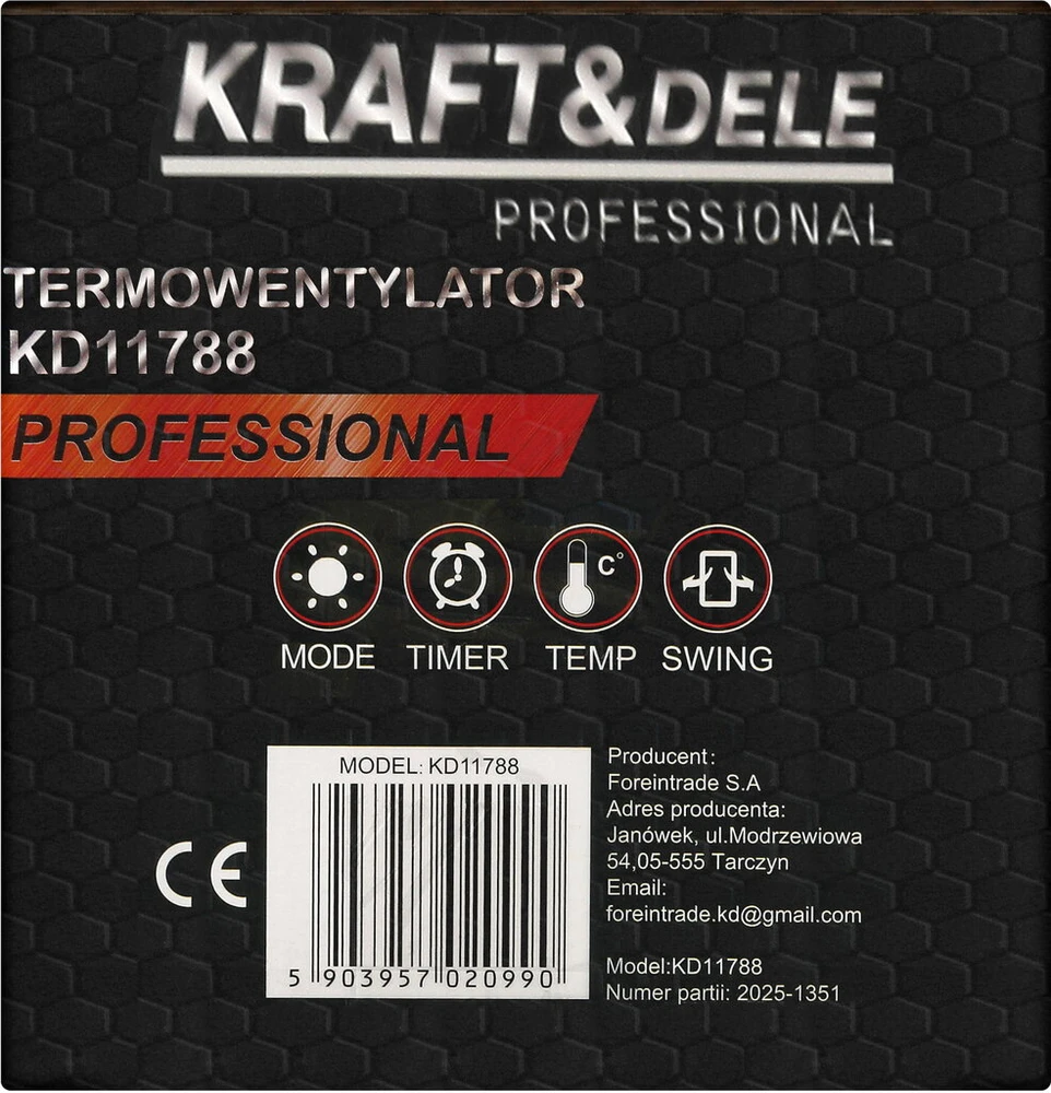 Kraftdele Kraft &amp; Dele 2000 W ventiliatorinis keraminis šildytuvas KD11788, su nuotolinio valdymo pultu, jutikliniu skydeliu ir LED ekranu, 20000 W