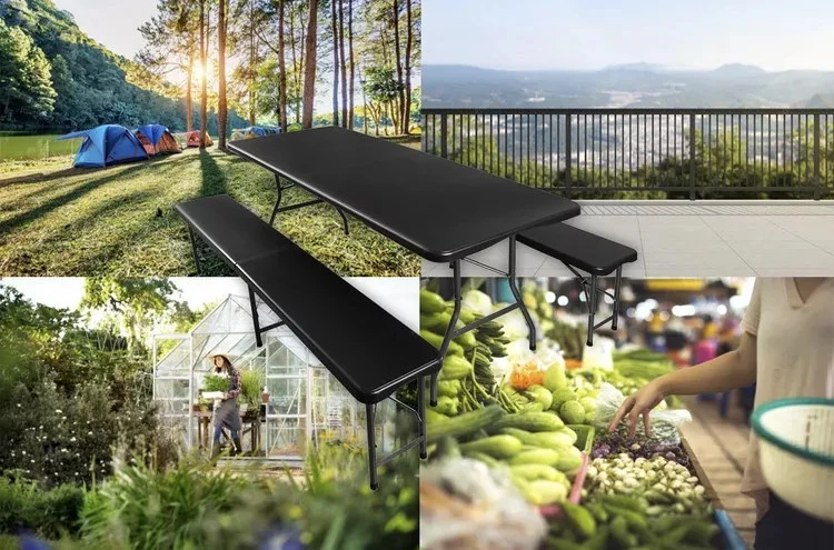 Lauko baldų komplektas Sulankstomas sodo baldų komplektas, stalas 180 cm + 2 suolai, juodi