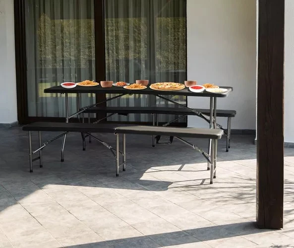 Lauko baldų komplektas Sulankstomas sodo baldų komplektas, stalas 180 cm + 2 suolai, juodi