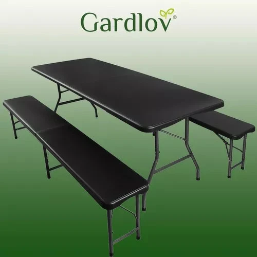 Lauko baldų komplektas Sulankstomas sodo baldų komplektas, stalas 180 cm + 2 suolai, juodi