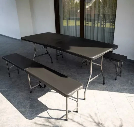 Lauko baldų komplektas Sulankstomas sodo baldų komplektas, stalas 180 cm + 2 suolai, juodi