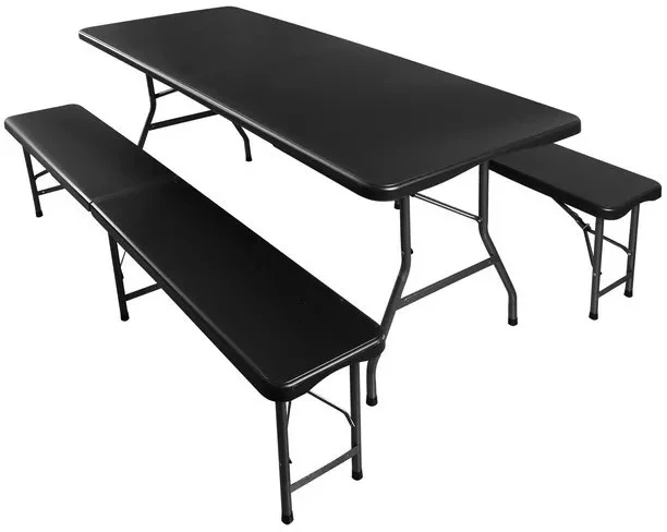 Lauko baldų komplektas Sulankstomas sodo baldų komplektas, stalas 180 cm + 2 suolai, juodi