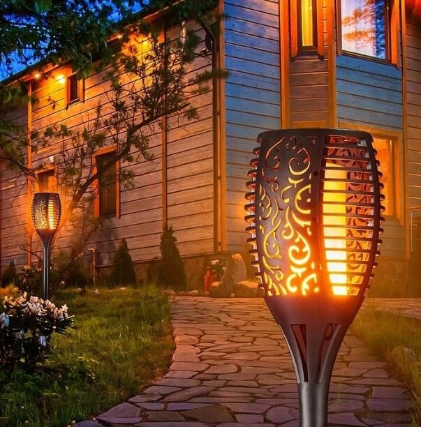 LED Sodo šviestuvai su ugnies imitacija, 4 vnt., 51cm, spalva: juoda