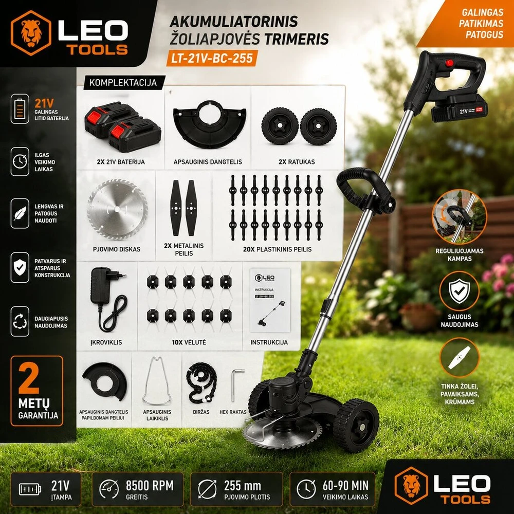 Akumuliatorinis trimeris su 2 akumuliatoriais Leo Tools