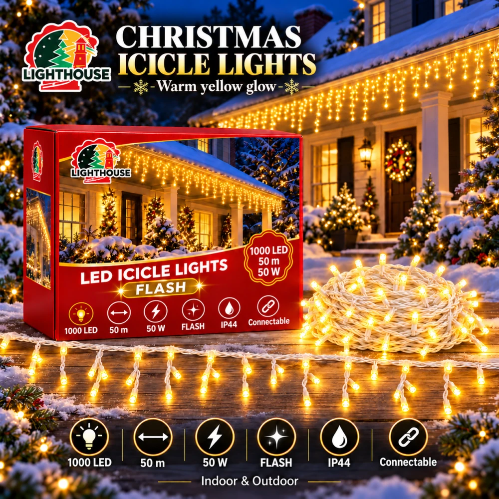 Lighthouse Kalėdinė LED girlianda-varvekliai, 1000 LED, 50 m, geltona, IP44, Flash
