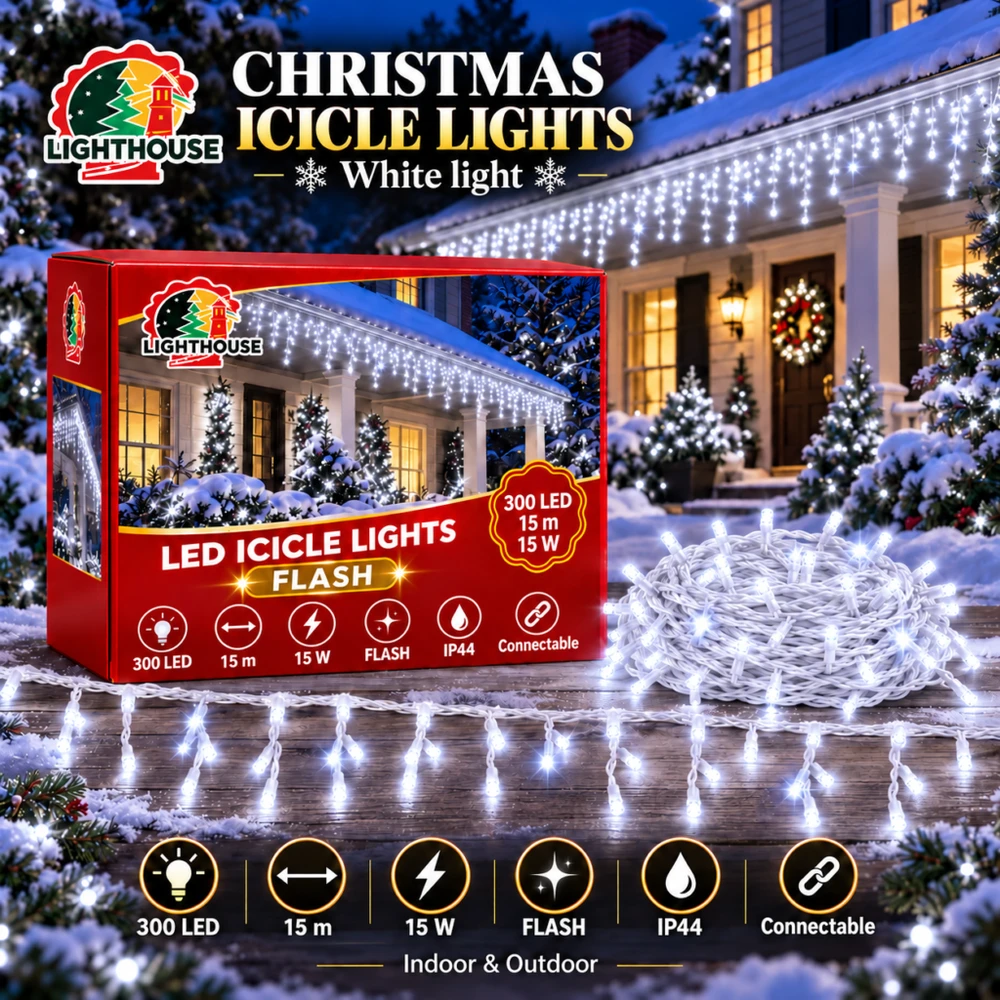 Lighthouse Kalėdinė LED girlianda-varvekliai, 300 LED, 15 m, balta, IP44, Flash