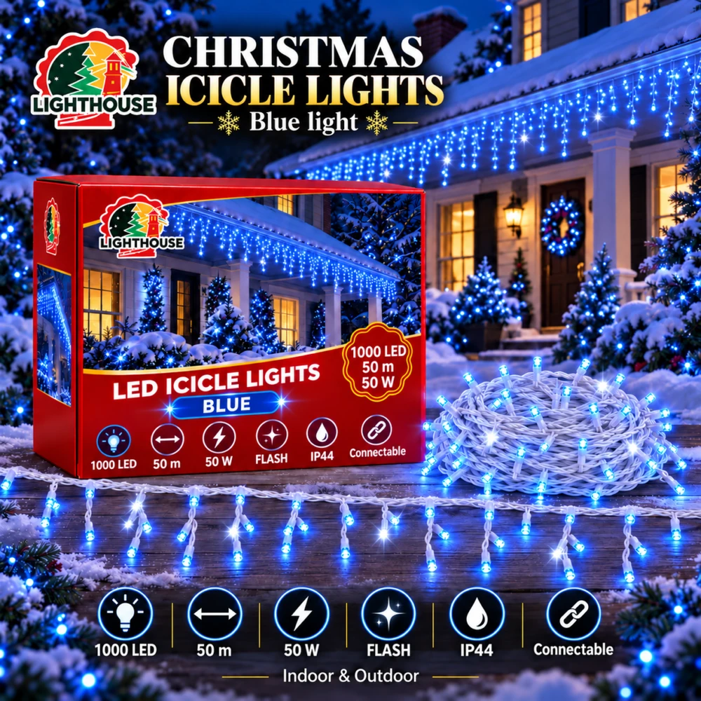 Lighthouse Kalėdinė LED girlianda-varvekliai, 1000 LED, 50 m, mėlyna, IP44, Flash
