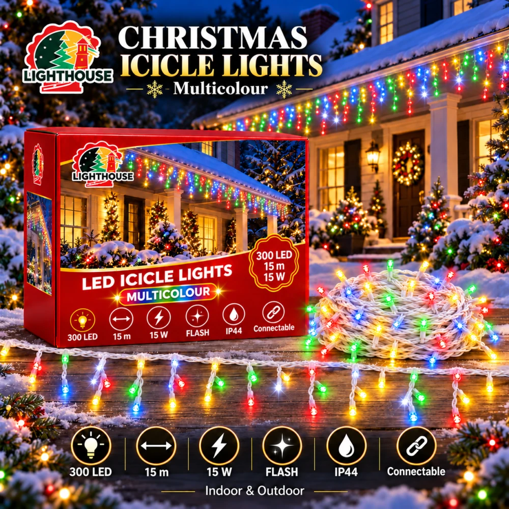 Lighthouse Kalėdinė LED girlianda-varvekliai, 300 LED, 15 m, įvairių spalvų, IP44, Flash