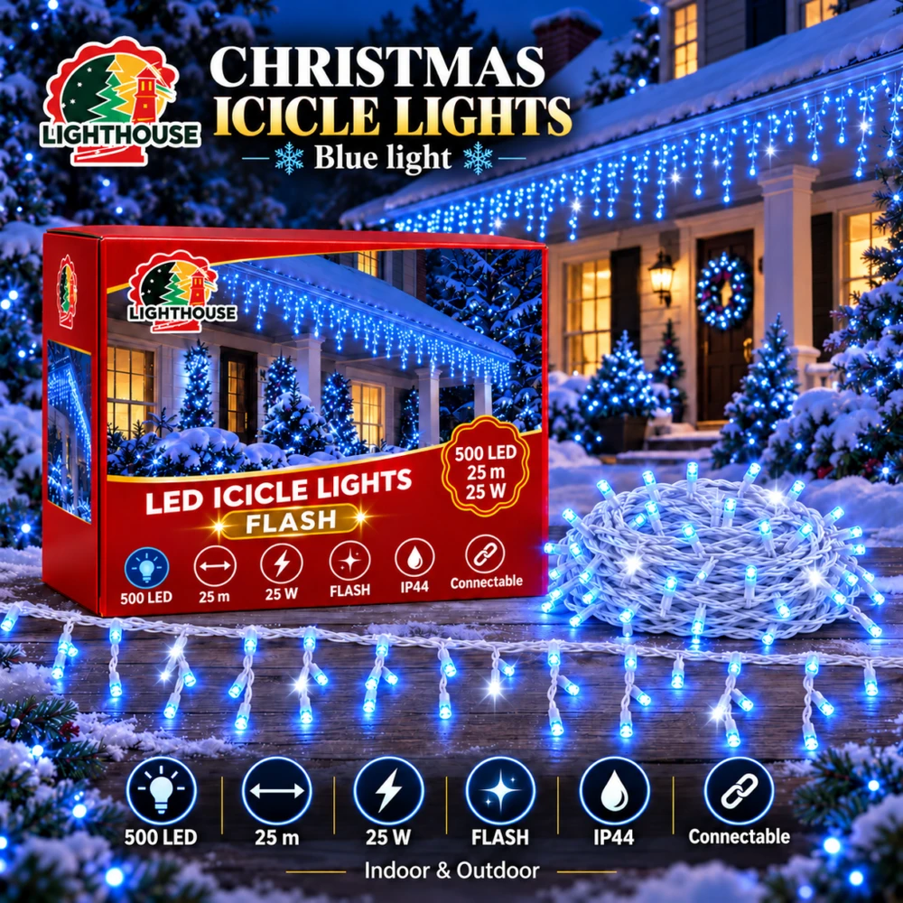 Lighthouse Kalėdinė LED girlianda-varvekliai, 500 LED, 25 m, mėlyna, IP44, Flash